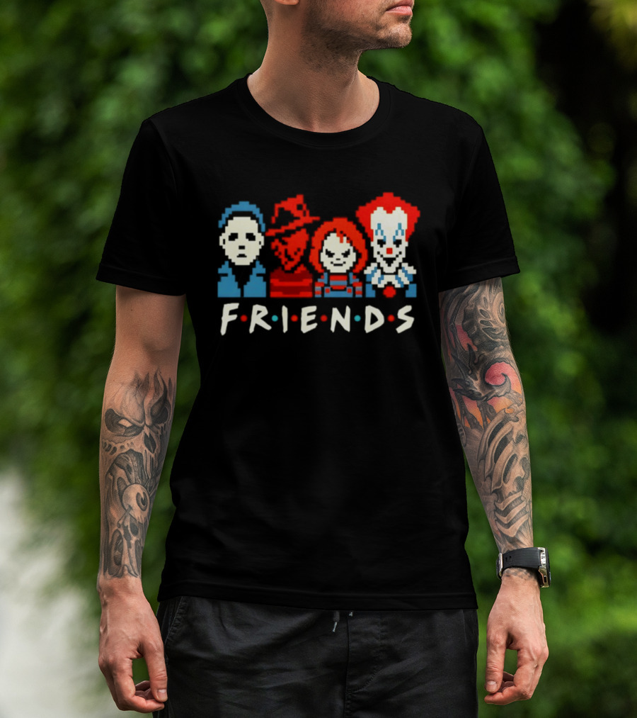 Friends Horror Movie Characters Pixel Art Michael Freddy Chucky Pennywise T-Shirt