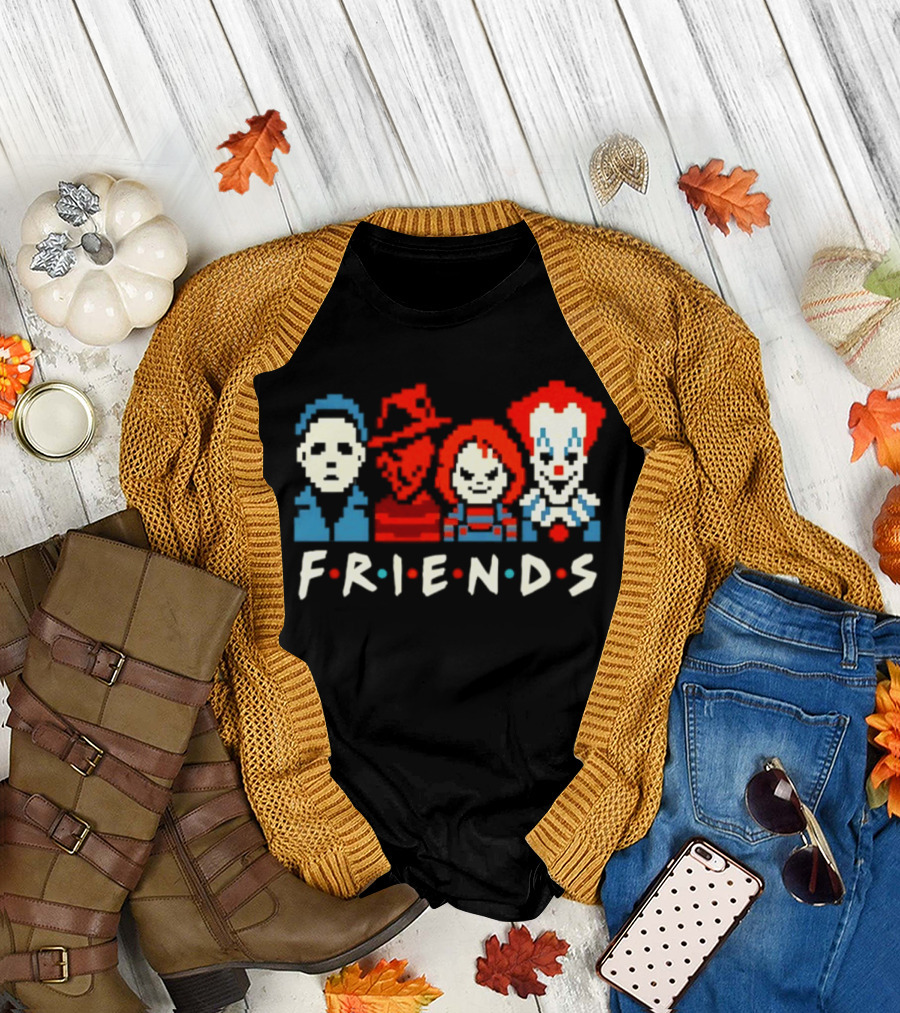 Friends Horror Movie Characters Pixel Art Michael Freddy Chucky Pennywise T-Shirt