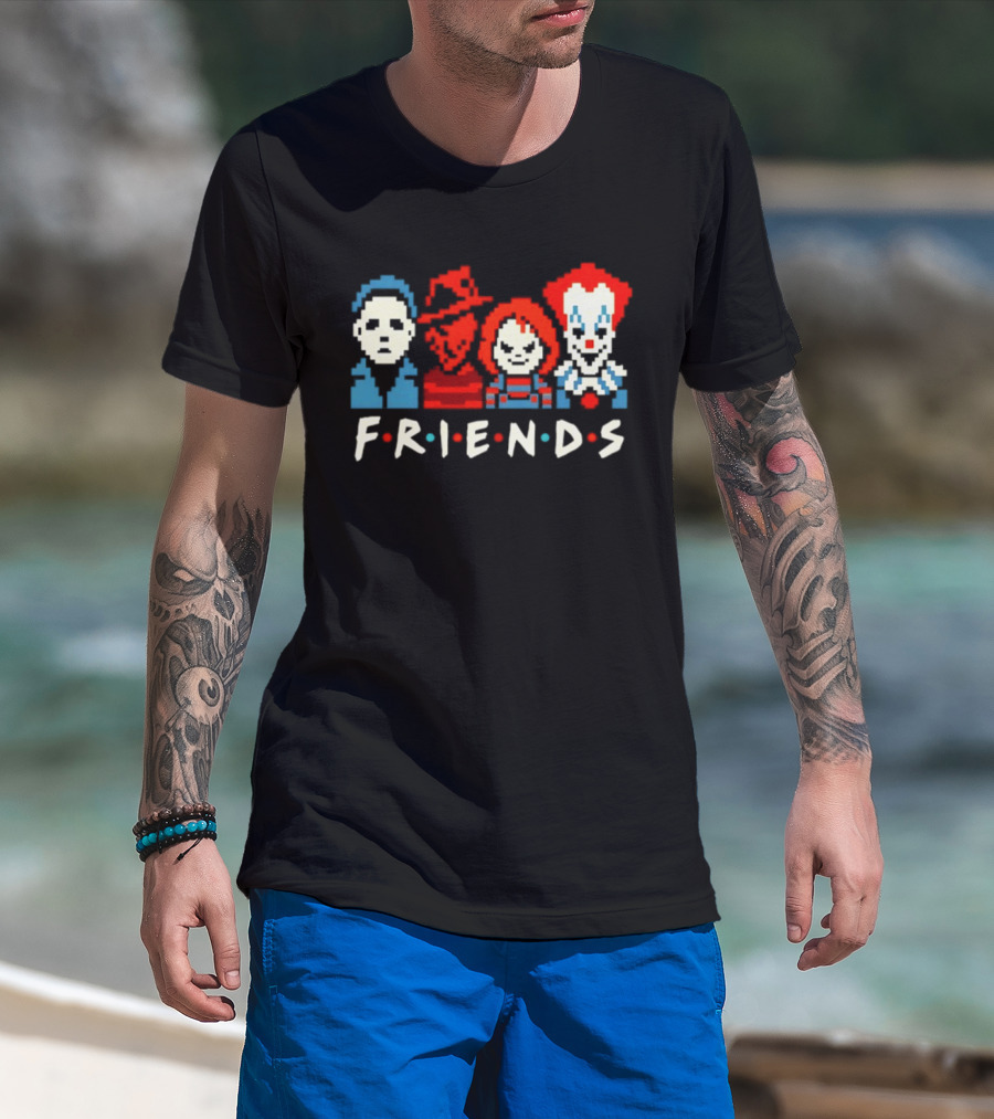 Friends Horror Movie Characters Pixel Art Michael Freddy Chucky Pennywise T-Shirt