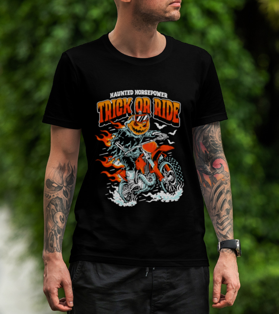 Haunted Horsepower Trick Or Ride Halloween Pumpkin Motorcycle Flames T-Shirt