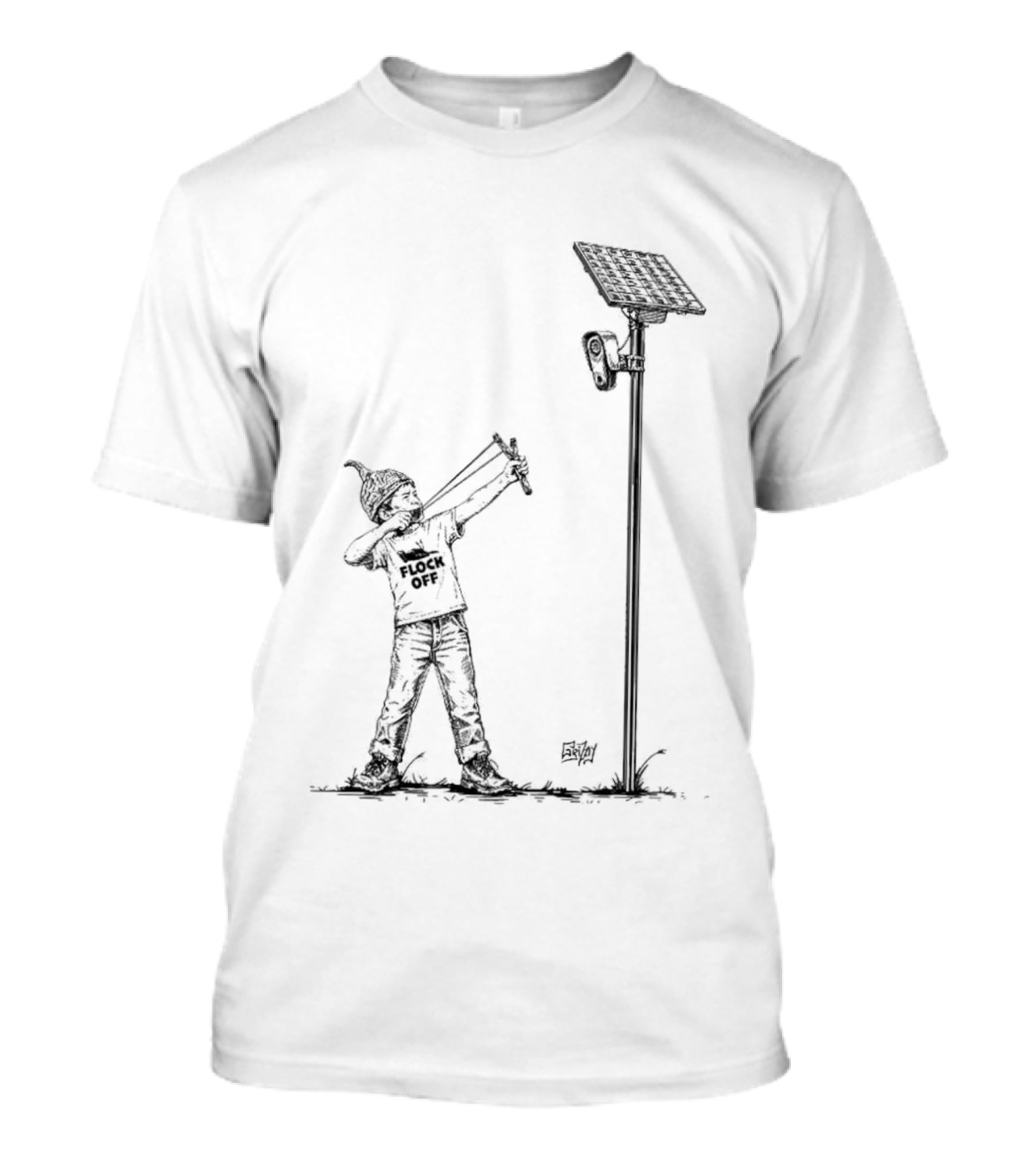 Boy With Slingshot Targeting Solar Camera Flock Off T-Shirt