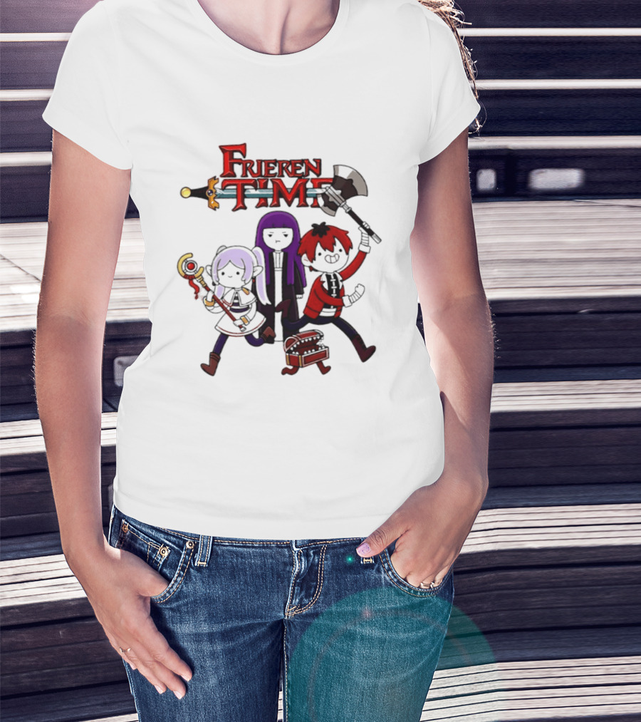 Frieren Time Adventure Time Anime Crossover Characters With Weapons And Staff T-Shirt