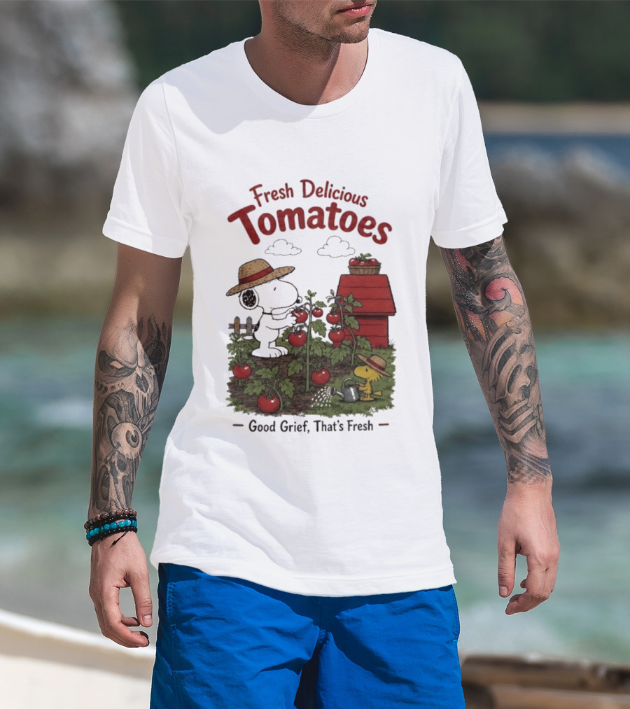 Snoopy Fresh Delicious Tomatoes Good Grief That's Fresh Garden Scene T-Shirt