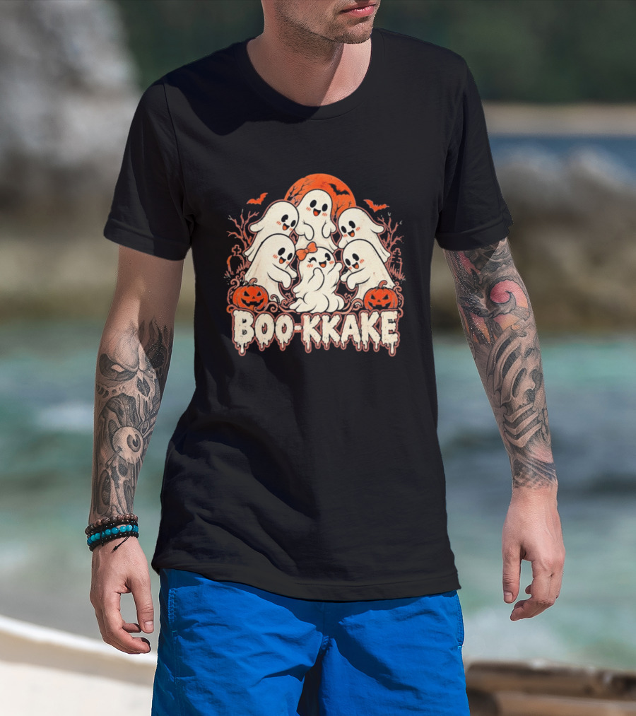 Boo Kkake Japanese Halloween Ghosts Pumpkins Bats Orange Moon T-Shirt
