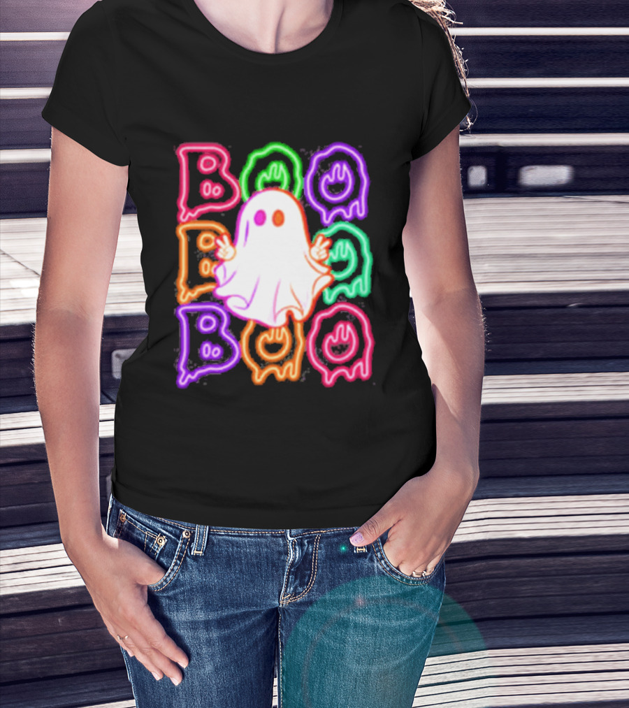 Ghost Boo Neon Halloween Spooky Bright T-Shirt