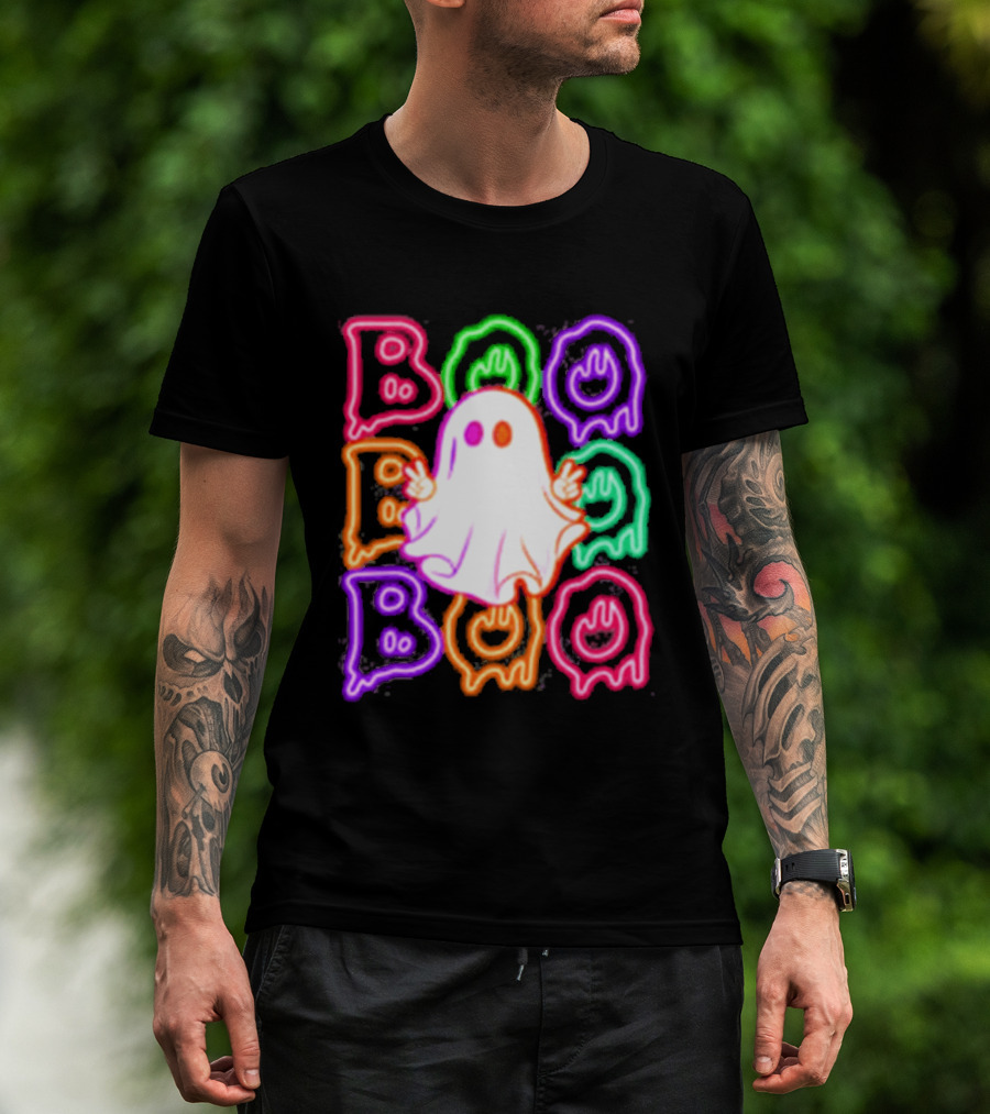 Ghost Boo Neon Halloween Spooky Bright T-Shirt
