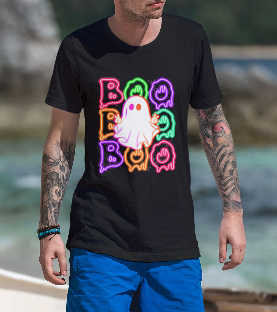 Ghost Boo Neon Halloween Spooky Bright T-Shirt