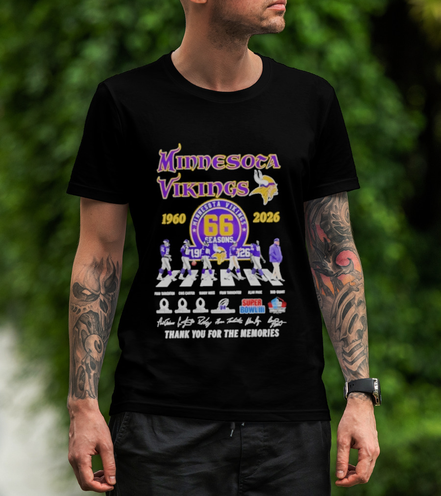 Minnesota Vikings 66 Seasons 1960 2026 Abbey Road Fran Tarkenton Cris Carter Randy Moss Alan Page Bud Grant Super Bowl Thank You For The Memories T-Shirt
