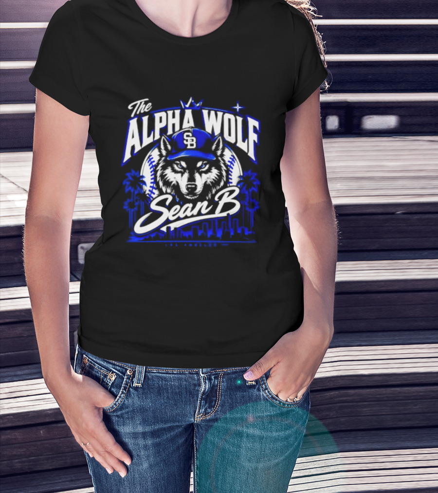 The Alpha Wolf Sean B LA Dodgers Skyline Wolf Baseball Cap Stars Palms T-Shirt