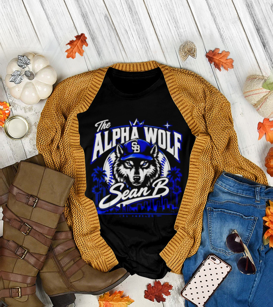 The Alpha Wolf Sean B LA Dodgers Skyline Wolf Baseball Cap Stars Palms T-Shirt