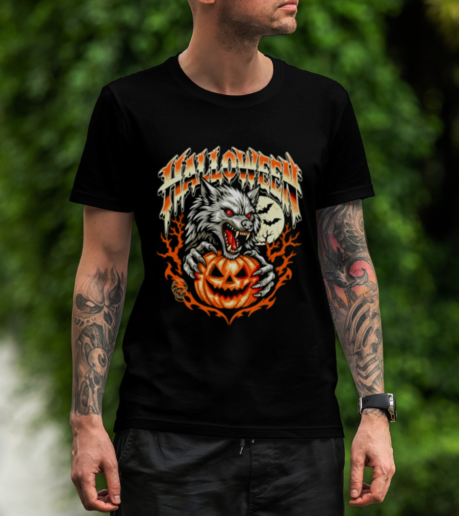 Halloween Werewolf With Jack O' Lantern And Full Moon T-Shirt