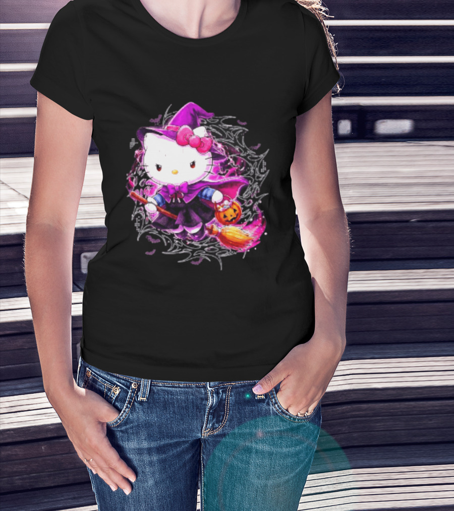 Hello Kitty Witch Sanrio Halloween Trick Or Treat Broom Pumpkin T-Shirt