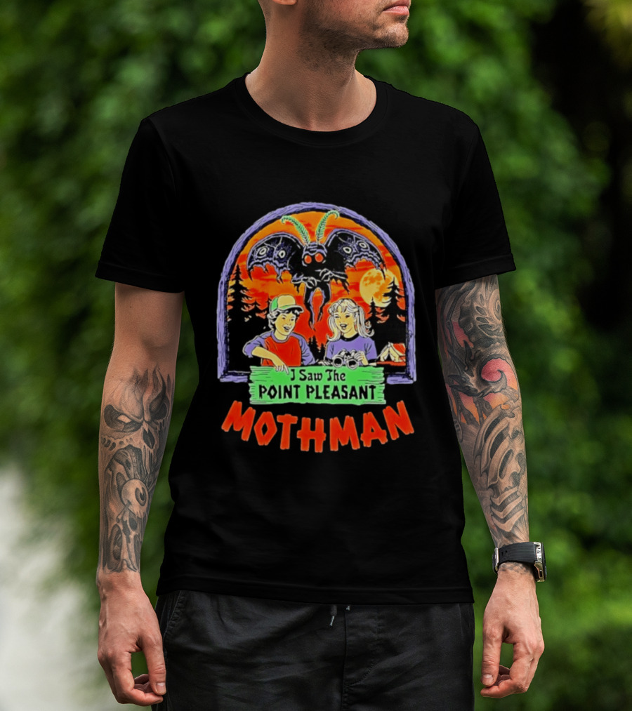 I Saw The Point Pleasant Mothman With Kids And Binoculars In Forest Scene T-Shirt