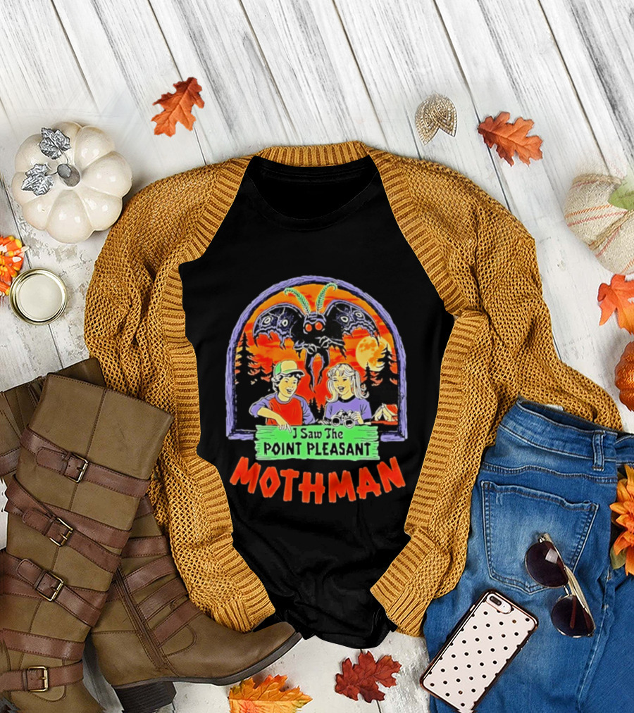 I Saw The Point Pleasant Mothman With Kids And Binoculars In Forest Scene T-Shirt