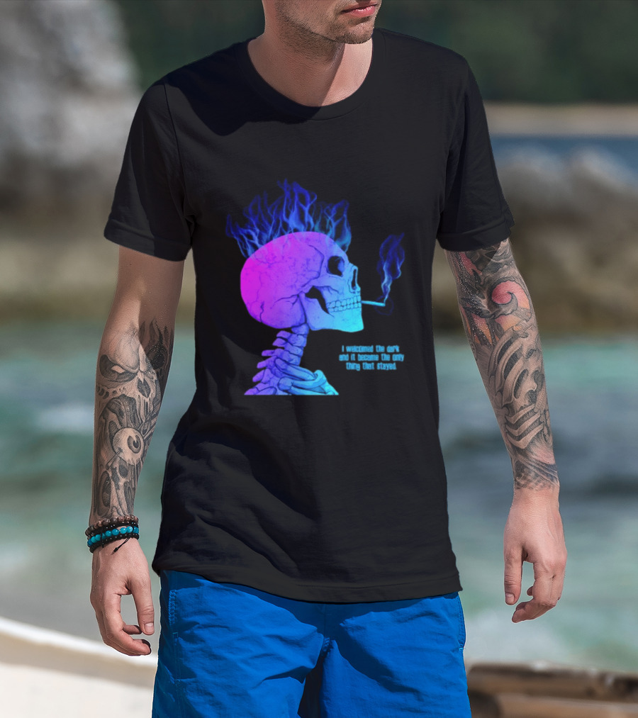 I Welcomed The Dark And It Became The Only Thing That Stayed Skull Smoking Blue Fire Hair T-Shirt