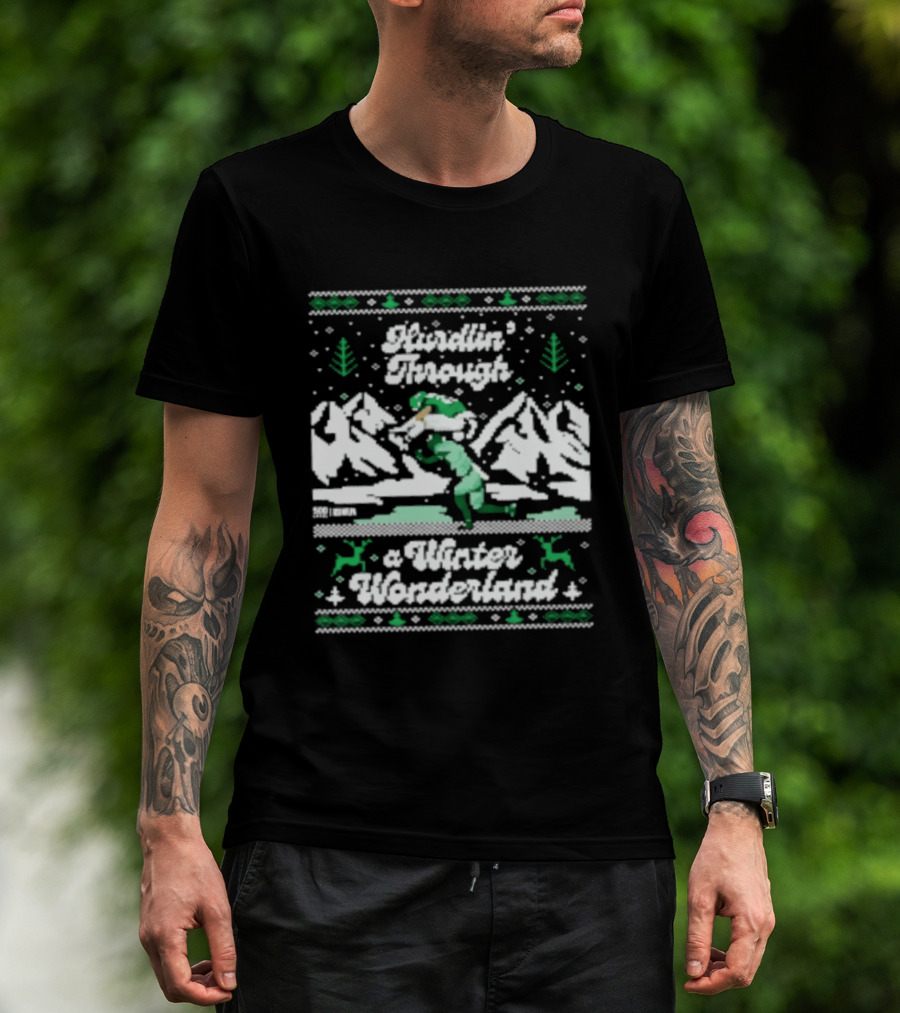 Saquon Barkley Hurdling Through A Winter Wonderland Philadelphia Christmas Ugly T-Shirt