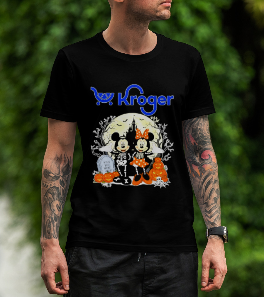 Kroger Mickey And Minnie Mouse Skeleton Halloween Pumpkins And Gravestone T-Shirt