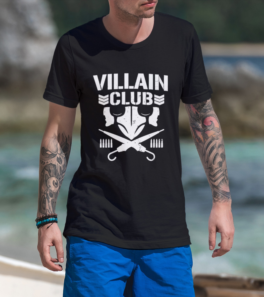 Villain Club Masked Skull With Crossed Umbrellas And Bullets T-Shirt