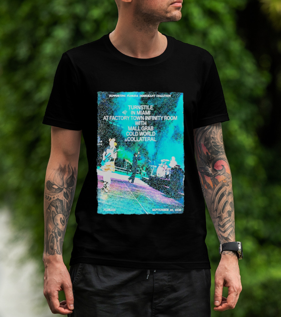 Supporting Florida Immigrant Coalition Turnstile In Miami Factory Town Infinity Room With Mall Grab Cold World Collateral September 20 2026 T-Shirt
