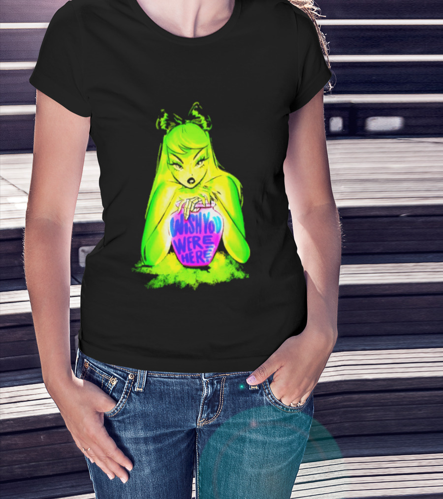 Wish You Were Here Skeleton Urn Goth Spooky Green Yellow Pink Ghostly Aesthetic T-Shirt