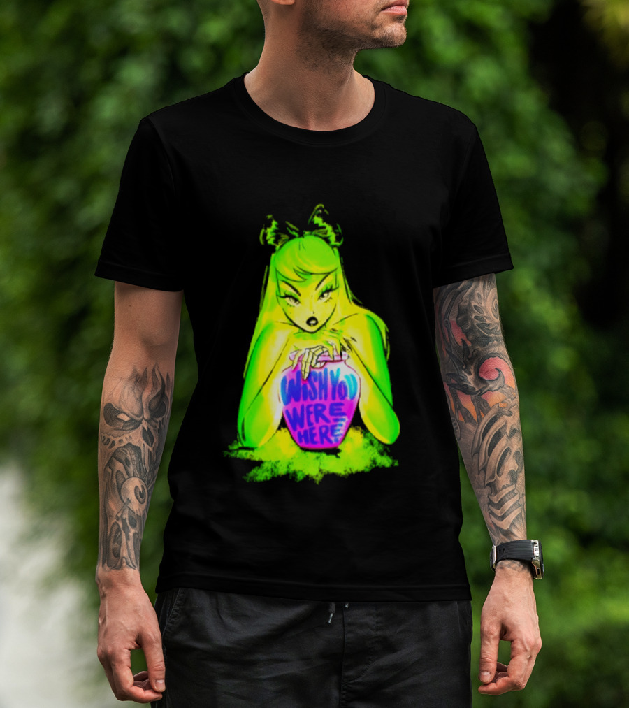 Wish You Were Here Skeleton Urn Goth Spooky Green Yellow Pink Ghostly Aesthetic T-Shirt