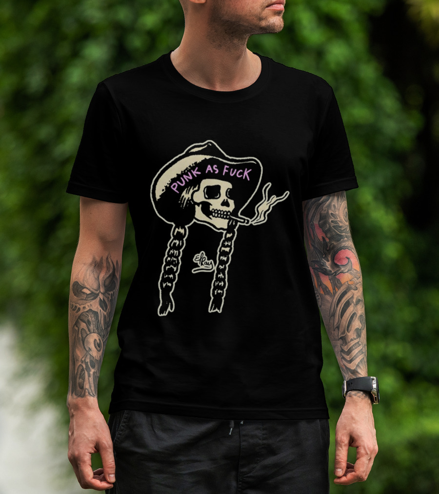 Punk As Fuck Skeleton Smoking Cowboy Hat Braids T-Shirt