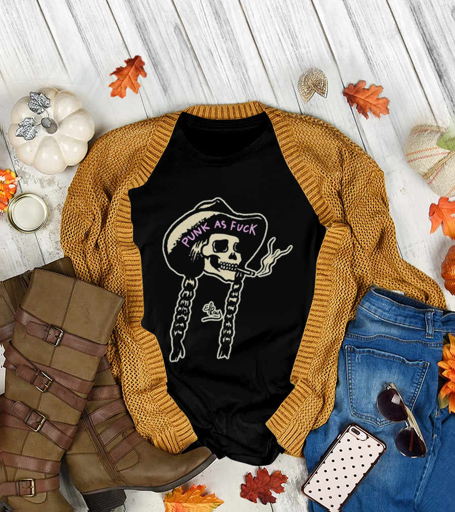 Punk As Fuck Skeleton Smoking Cowboy Hat Braids T-Shirt