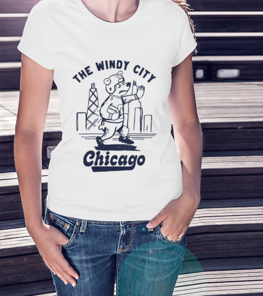 Chicago Bears The Windy City Football Character And Skyline T-Shirt