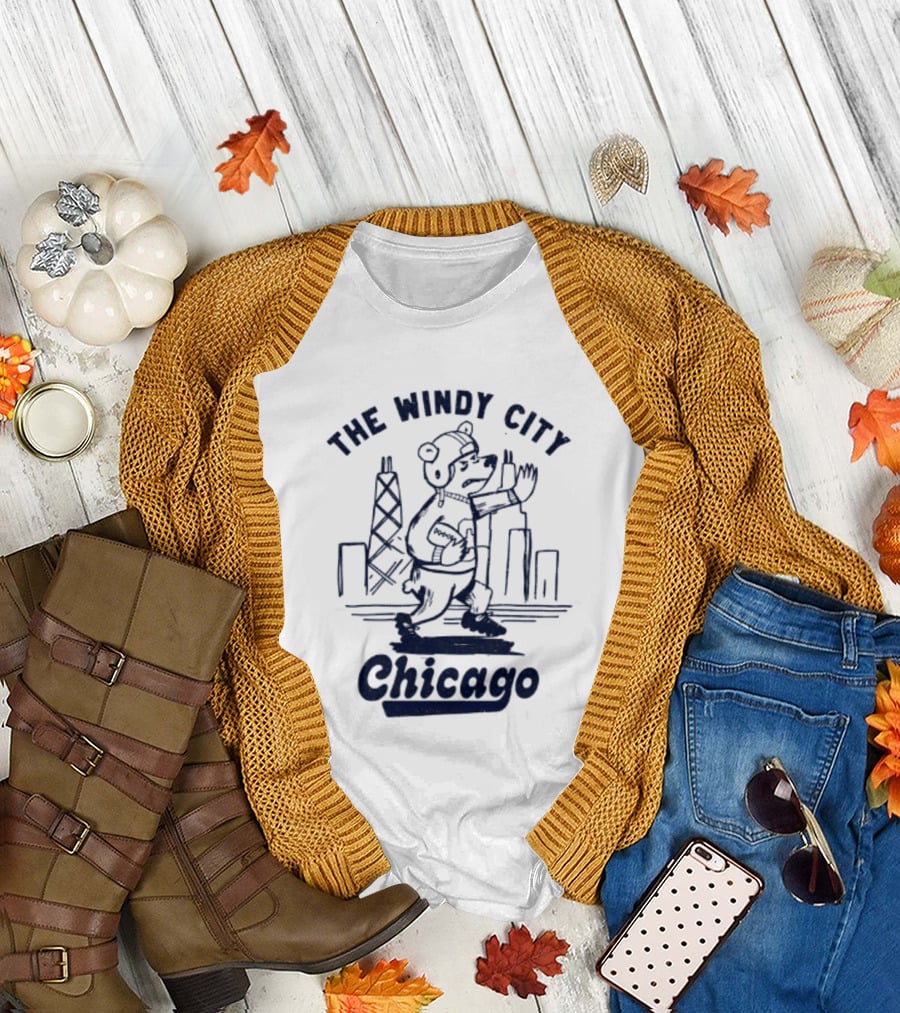 Chicago Bears The Windy City Football Character And Skyline T-Shirt