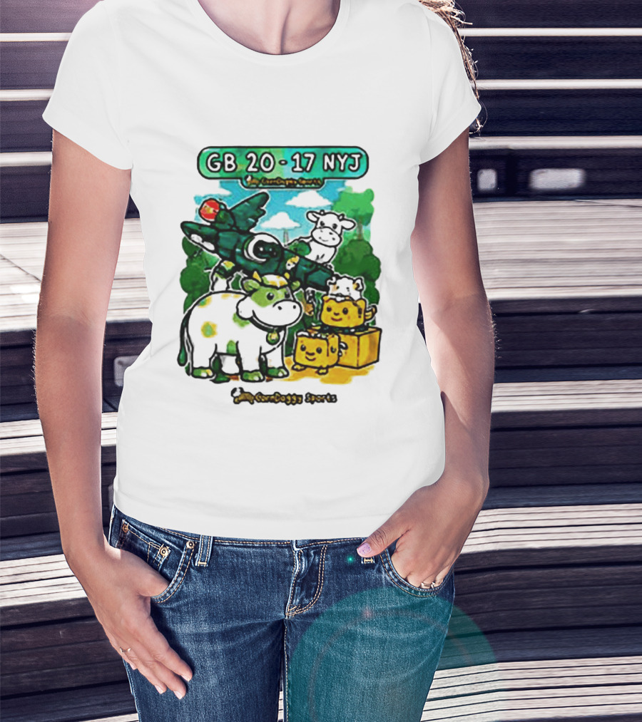 GB 20 17 NYJ Green Bay Football Green Cow Jet Cartoon Game Day T-Shirt
