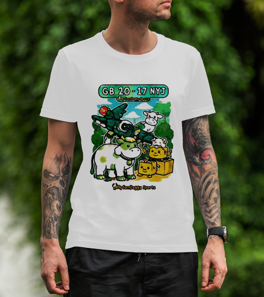 GB 20 17 NYJ Green Bay Football Green Cow Jet Cartoon Game Day T-Shirt