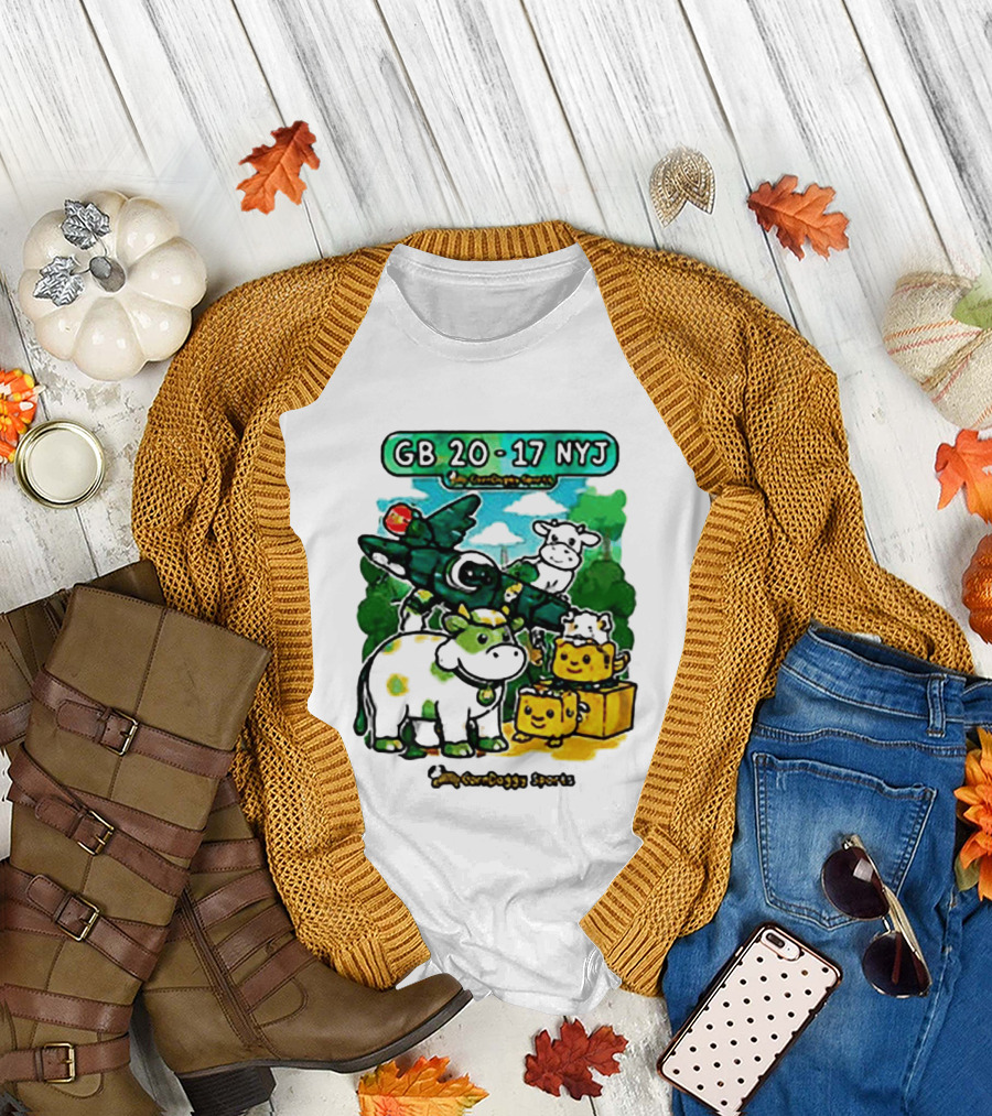 GB 20 17 NYJ Green Bay Football Green Cow Jet Cartoon Game Day T-Shirt