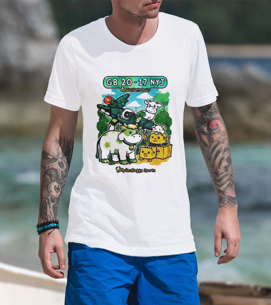 GB 20 17 NYJ Green Bay Football Green Cow Jet Cartoon Game Day T-Shirt
