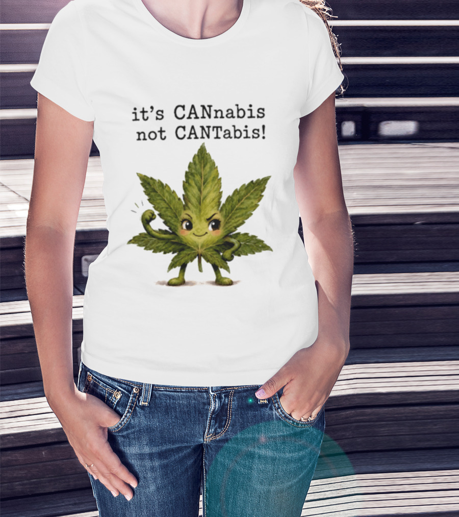 Cannabis Leaf Character It's CANnabis Not CANtabis Winking Cartoon T-Shirt