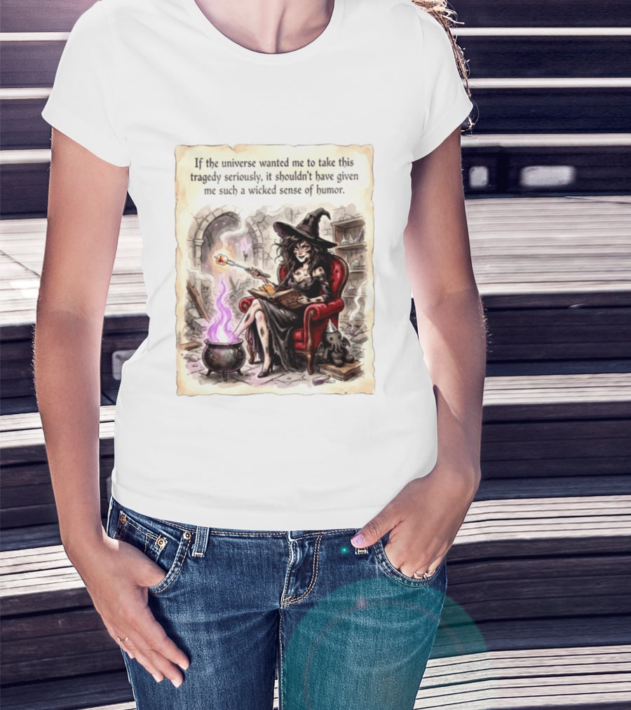 Witch With A Wicked Sense Of Humor And Magic Wand In Stone Room T-Shirt