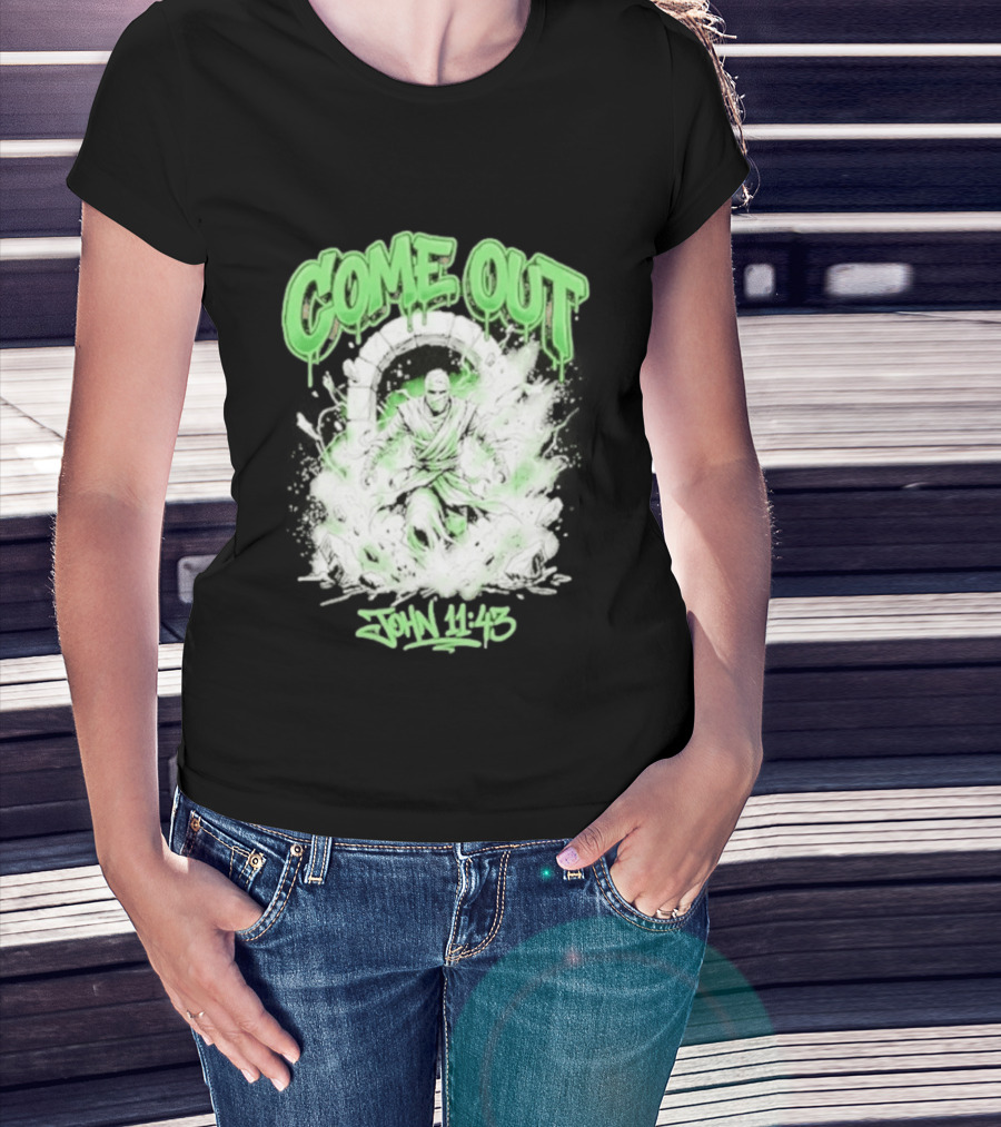 Come Out John 11 43 Mummy Bible Verse Green Drip T-Shirt