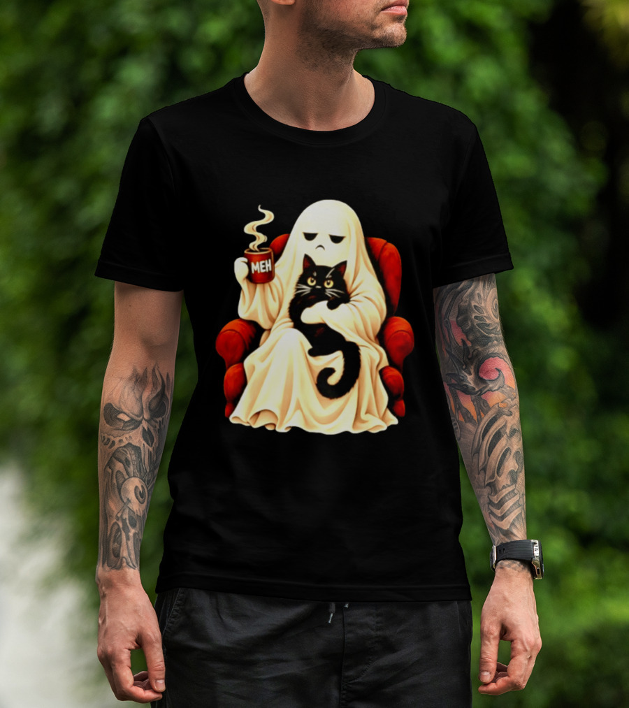Ghost And Black Cat On Red Chair With Meh Coffee T-Shirt