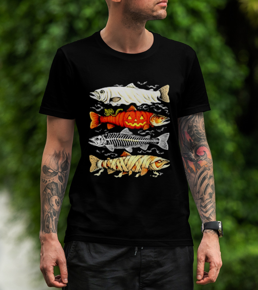 Halloween Pumpkin Mummy Fish Skeleton Trio T-Shirt