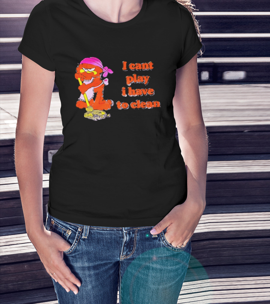 Garfield I Can't Play I Have To Clean Comic Image With Mop And Bandana T-Shirt