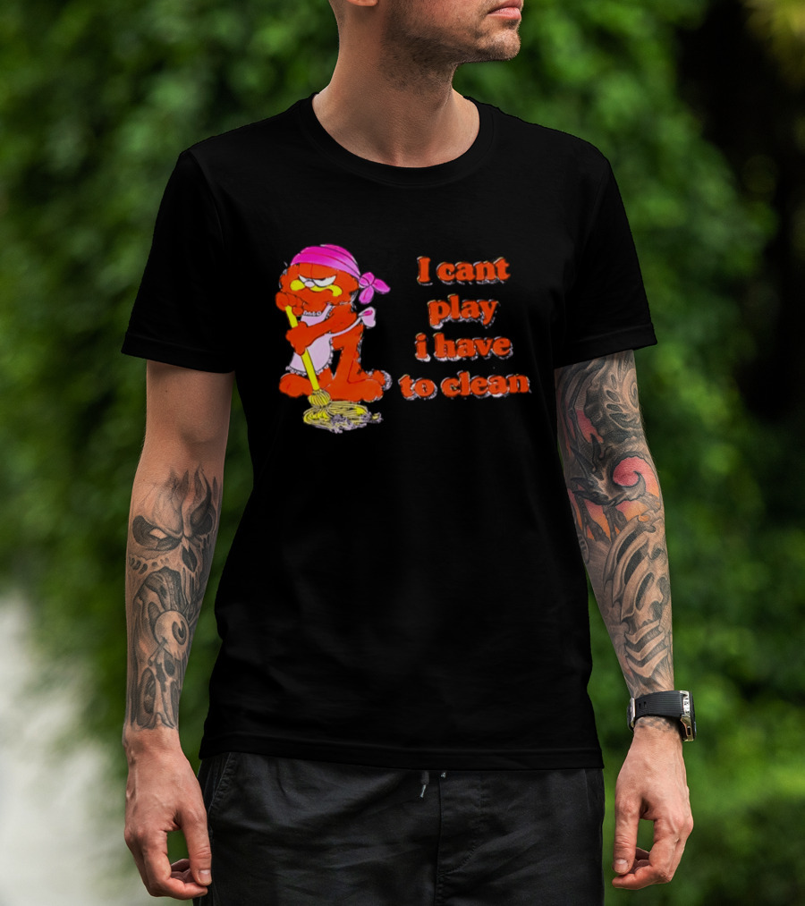 Garfield I Can't Play I Have To Clean Comic Image With Mop And Bandana T-Shirt