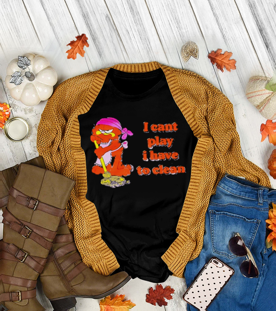 Garfield I Can't Play I Have To Clean Comic Image With Mop And Bandana T-Shirt
