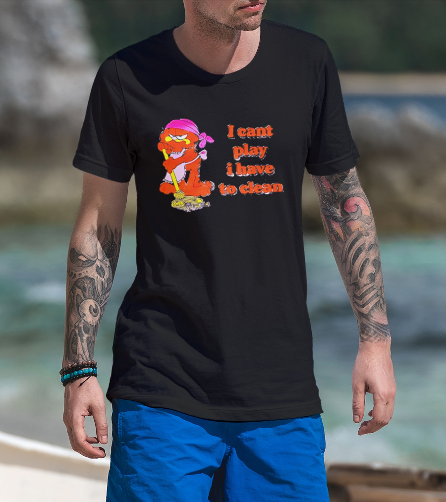 Garfield I Can't Play I Have To Clean Comic Image With Mop And Bandana T-Shirt