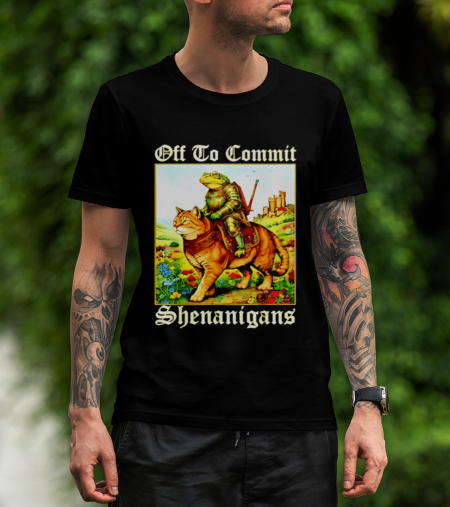 Off To Commit Shenanigans Frog Knight Riding Cat Medieval Adventure T-Shirt