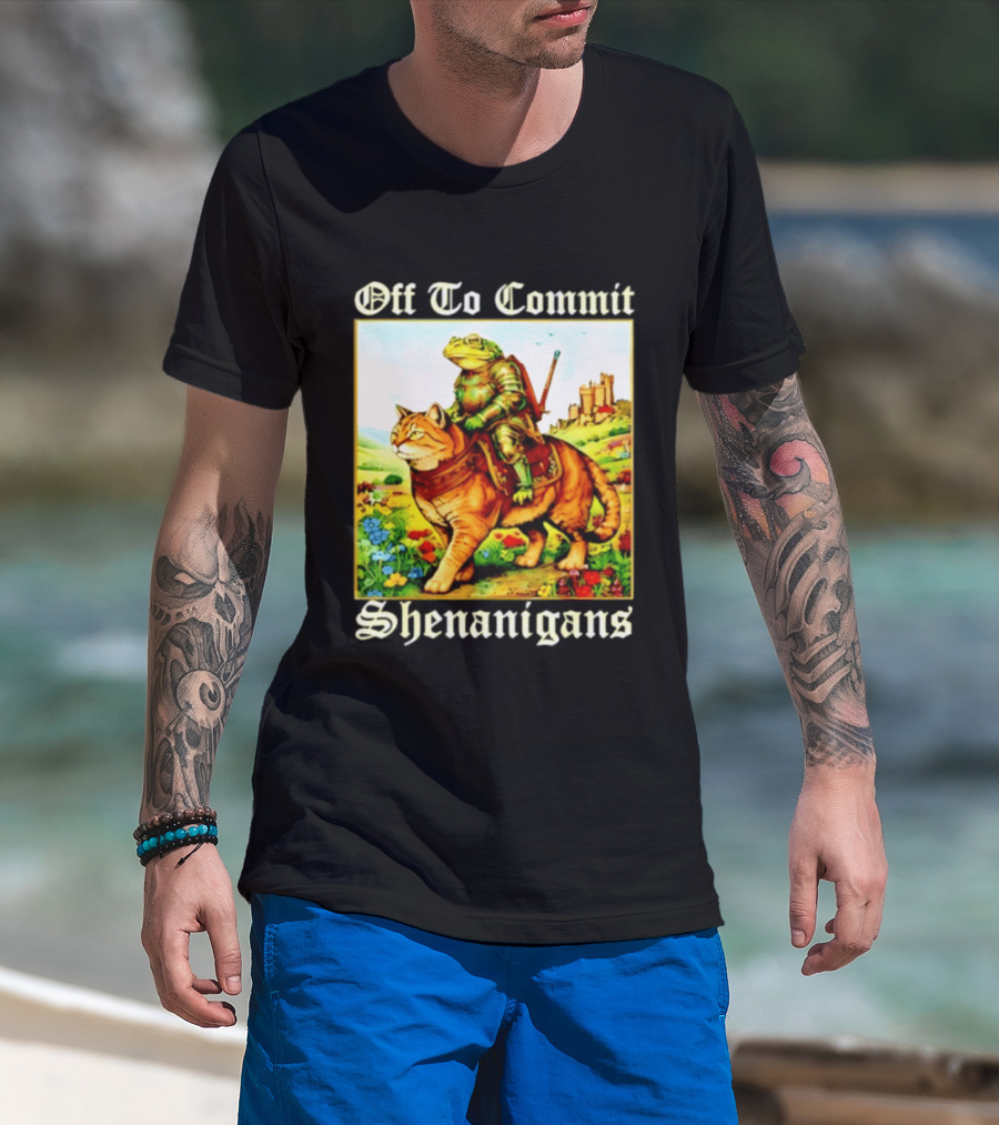 Off To Commit Shenanigans Frog Knight Riding Cat Medieval Adventure T-Shirt