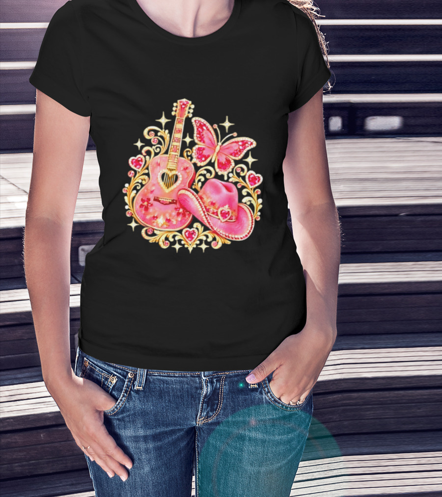 Pink Rhinestone Guitar Cowboy Hat Butterfly Hearts Sparkles T-Shirt