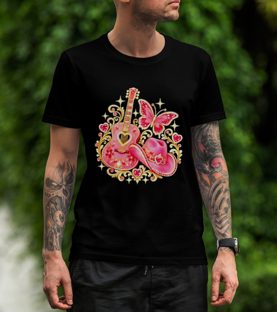 Pink Rhinestone Guitar Cowboy Hat Butterfly Hearts Sparkles T-Shirt