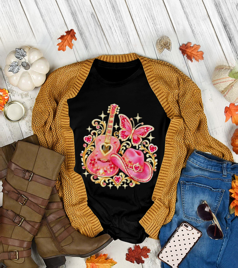 Pink Rhinestone Guitar Cowboy Hat Butterfly Hearts Sparkles T-Shirt