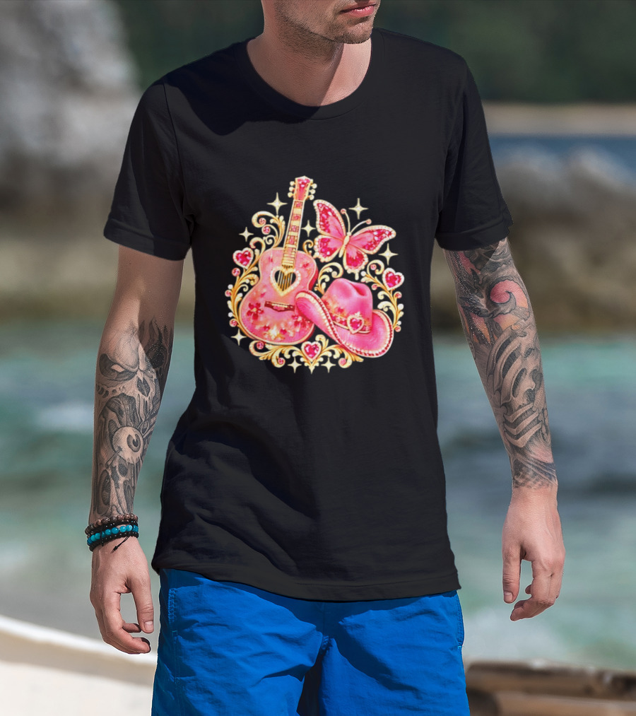 Pink Rhinestone Guitar Cowboy Hat Butterfly Hearts Sparkles T-Shirt