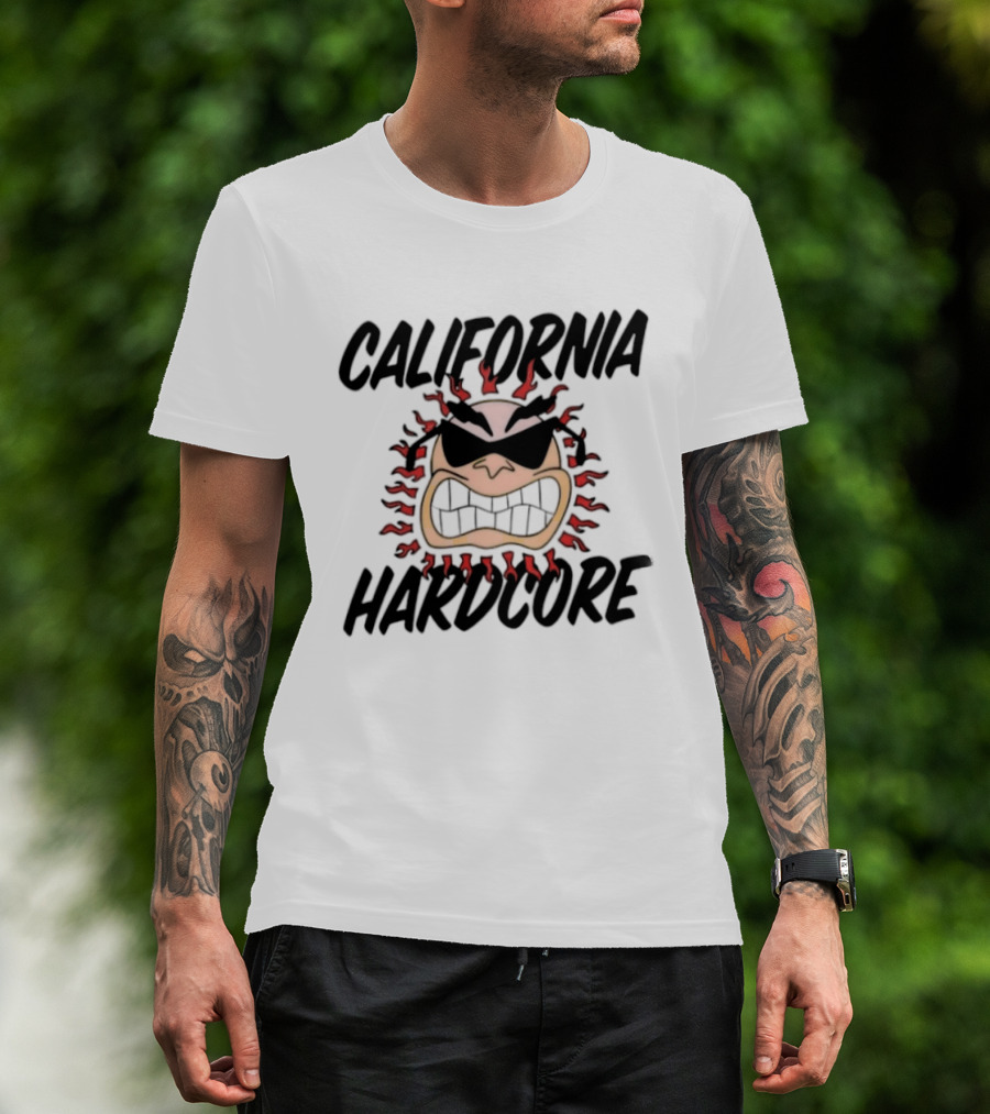 California Hardcore Sun With Sunglasses And Fierce Flames T-Shirt