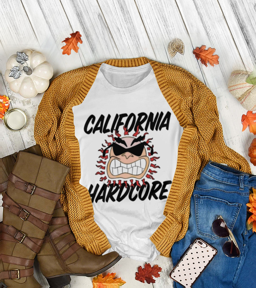 California Hardcore Sun With Sunglasses And Fierce Flames T-Shirt